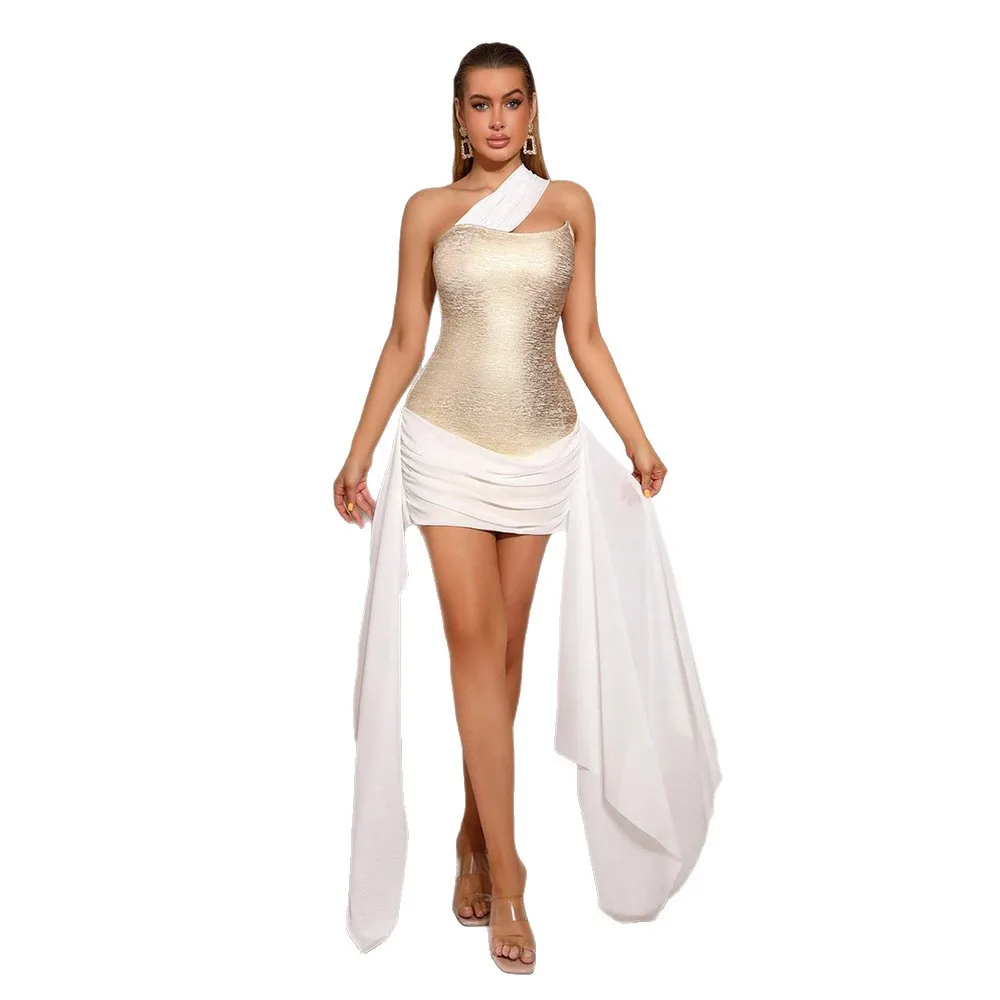 

Elegant White and Gold Contrast Tube Dress Sexy Off Shoulder Mini Gowns Luxury Ruched Party Dress for Cocktail Birthday Events