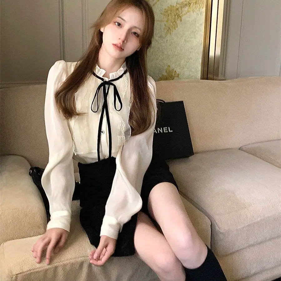

Women's Long Sleeve Chiffon Blouse Inner Wear Shirt Small Size Lace Trim Base Shirt Wood Grain New Style Commute Style S...