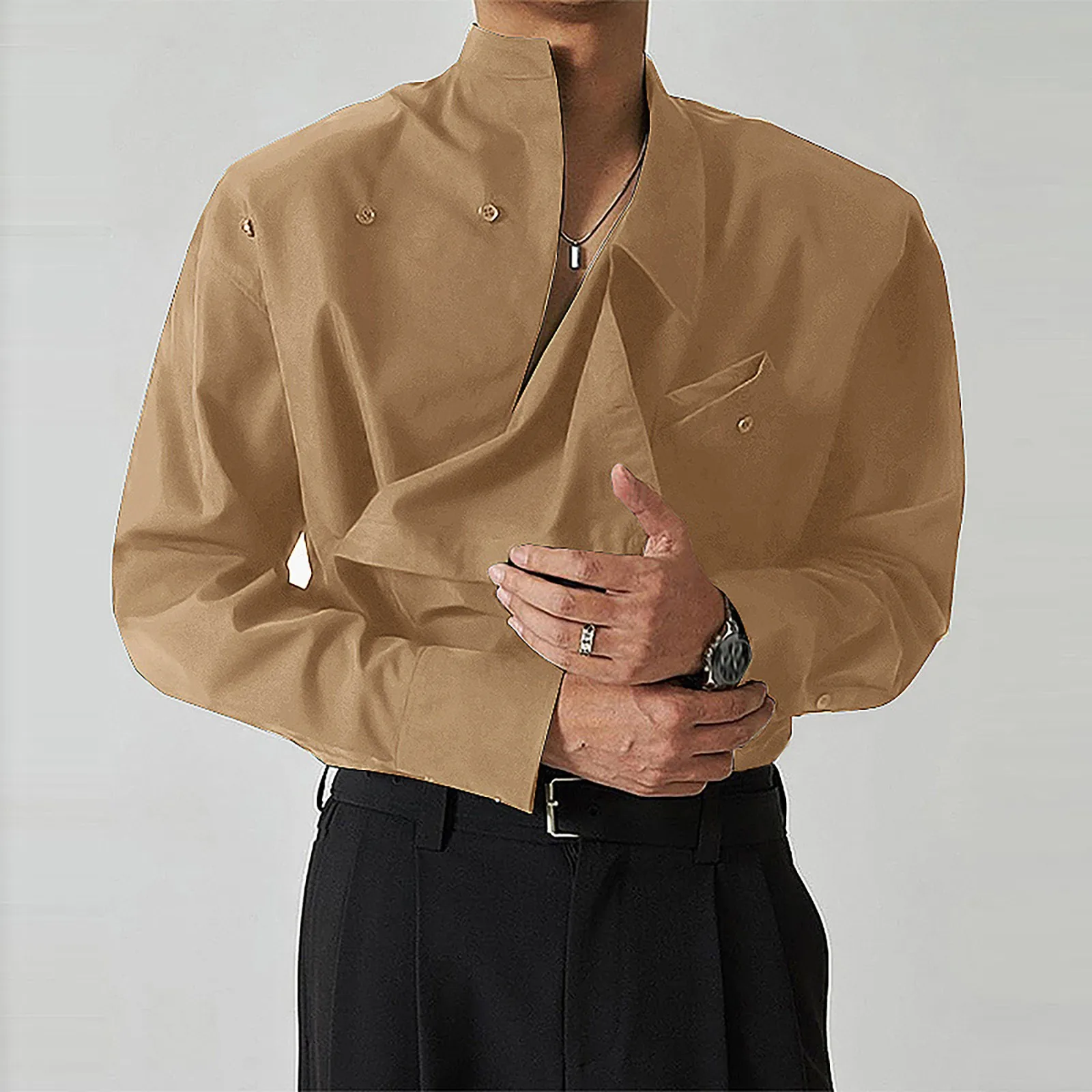 Men's Irregular Shirts 2024 Chic Solid Color Asymmetric Collar Long Sleeve Casual Tops French Diagonal Button Unique Male Blouse