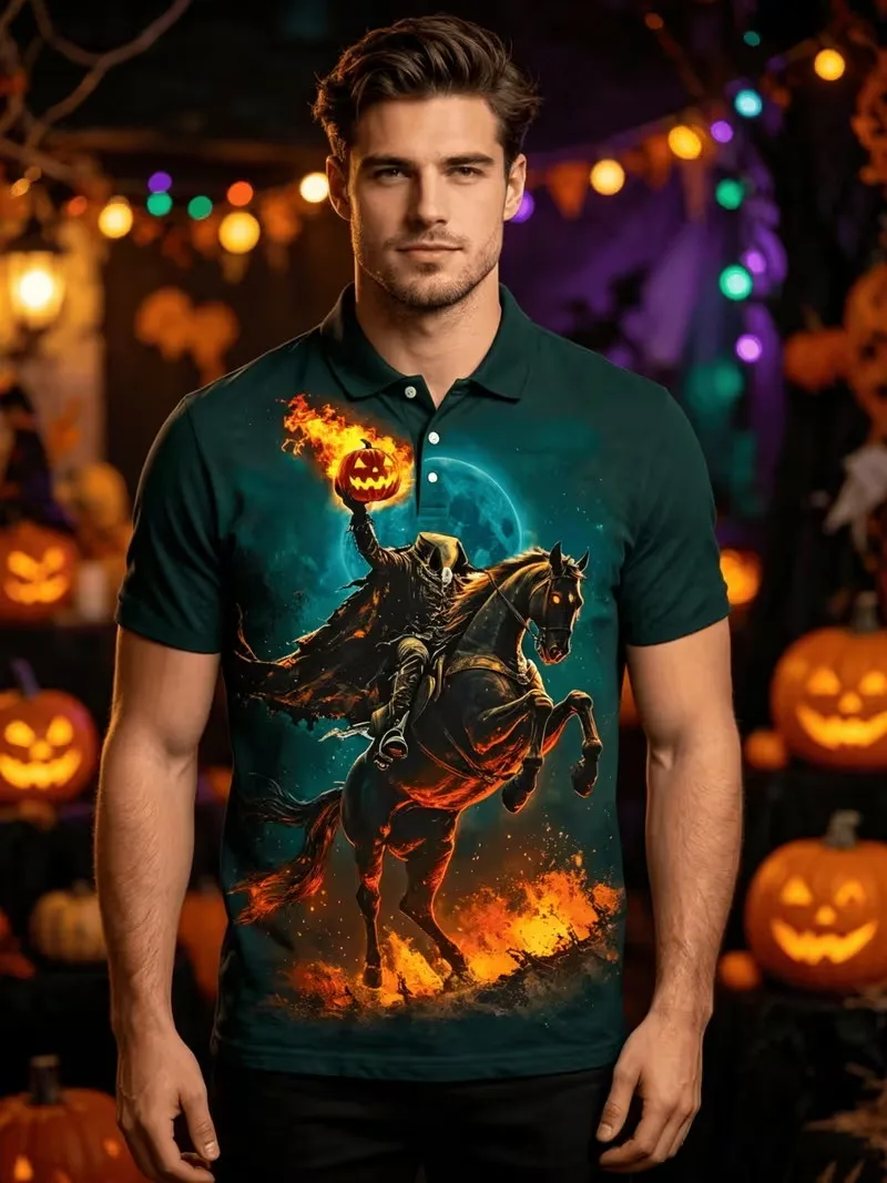 Halloween Pumpkin Robot Graphic Polo Shirt for men Short Sleeve Breathable Polo Shirts Casual Festival Party tshirt Tops