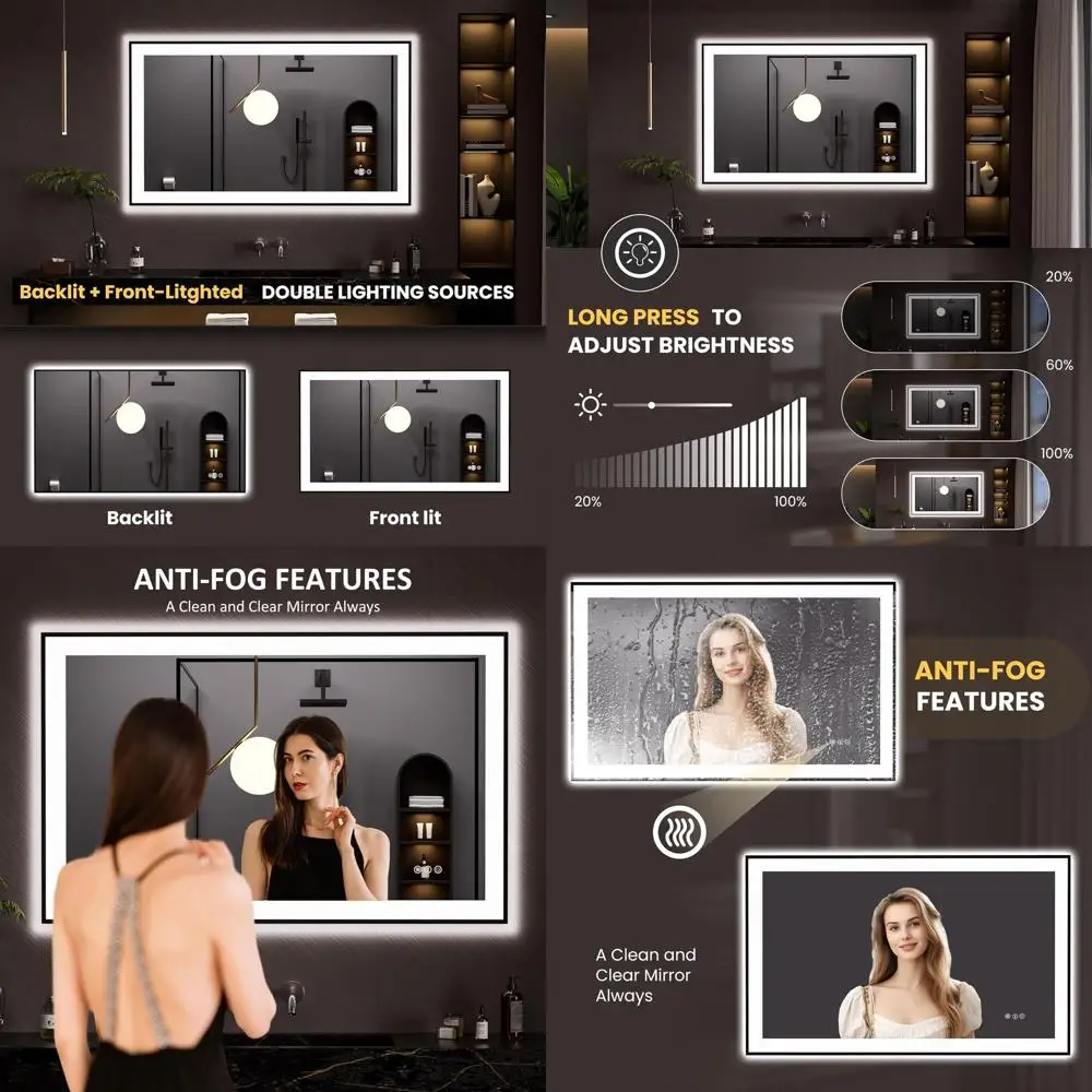 

Dimmable LED Lighted Bathroom Mirror with Anti-Fog, Memory Function, Tempered Glass, 48x30 Black Vanity Wall Mirror