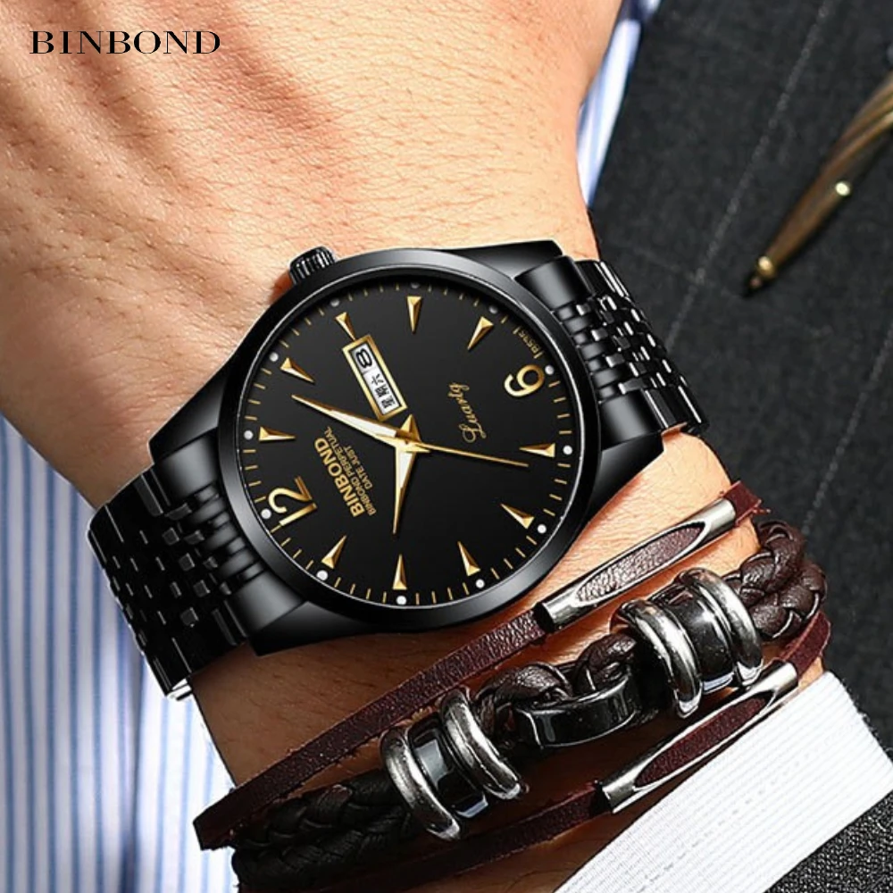 

BINBOND Men's Luminous Quartz Calendar Waterproof Sports Steel Watch Gold Boy Student Gift Relogio Masculino