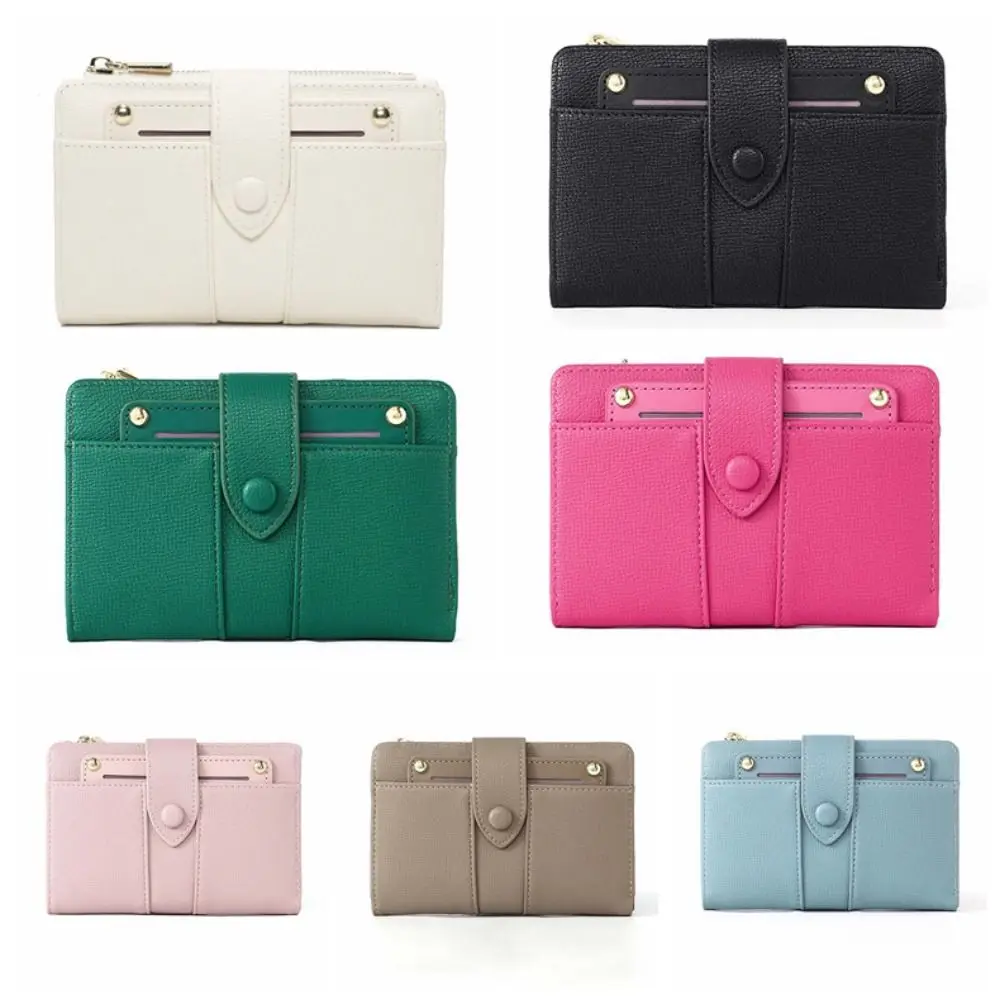 Portable Women Wallet Multiple Card Snap Button Solid Color Card Bag Anti-Splash Water Classic Style Lady Short PU Purses School