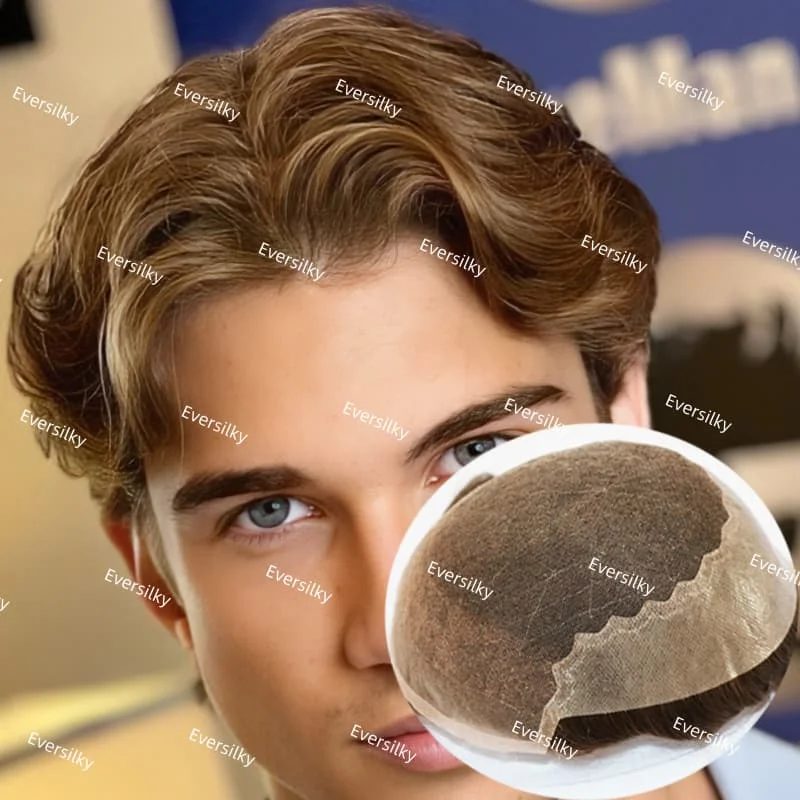 بدلة شعر طبيعية للرجال # 4 # 7 # 17 # 18 شعر مستعار للرجال بلون بيج داكن يسمح بمرور الهواء من الدانتيل السويسري والبولي يوريثان حول الرجال شعر مستعار للرجال #1