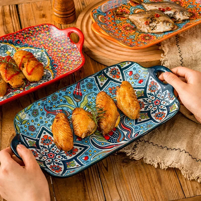 13in Bohemian double-eared fish plate household steamed fish plate large rectangular fish serving plate ceramic vegetable plate