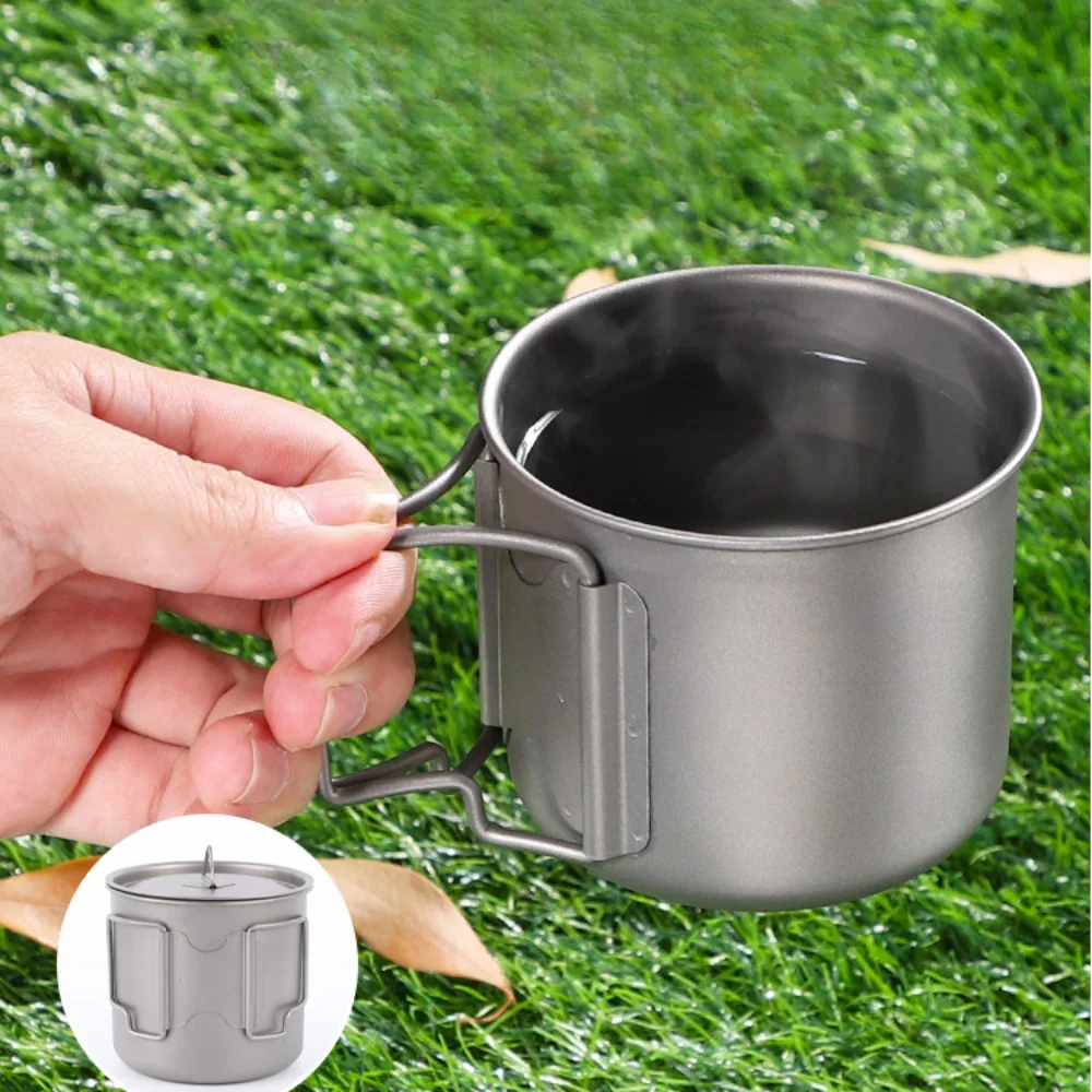 Camping Titanium Cup with Lid Pure Titanium Outdoor Mug Camping Folding Water Tableware with Handle Titanium Alloy tys