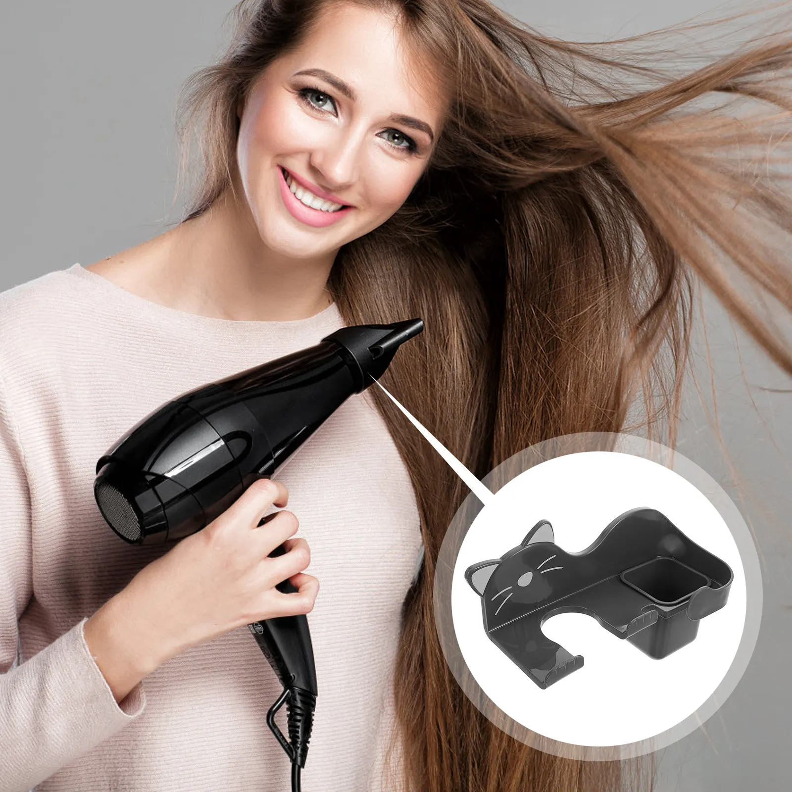 

Modern Cat Themed Wall Hair Dryer Holder Multi Functional Bathroom Organizer Hair Styling Tool Storage Rack No Drill Mount