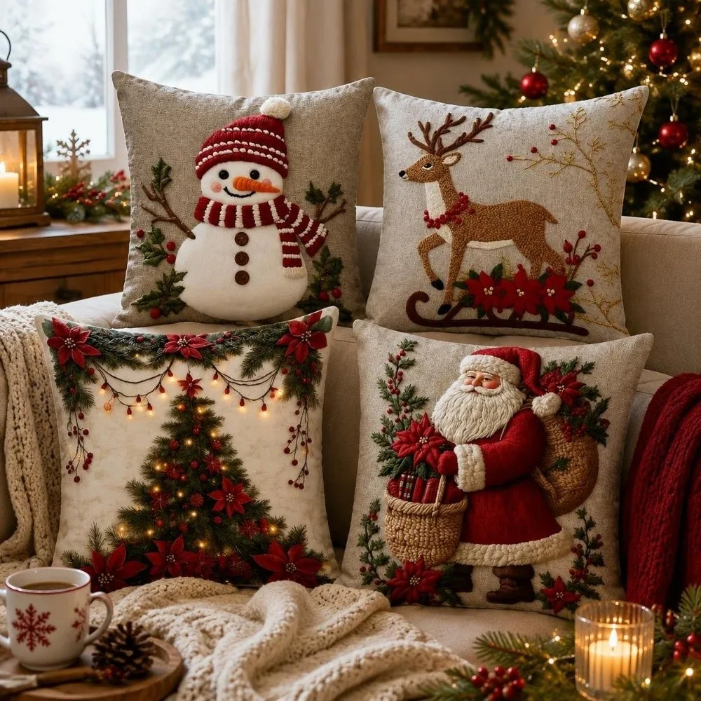 Cartoon Cute Soft Christmas Pillow Covers 2D Printed Tree Throw Cushion Case Reindeer Elf Santa Pillow Cover Home