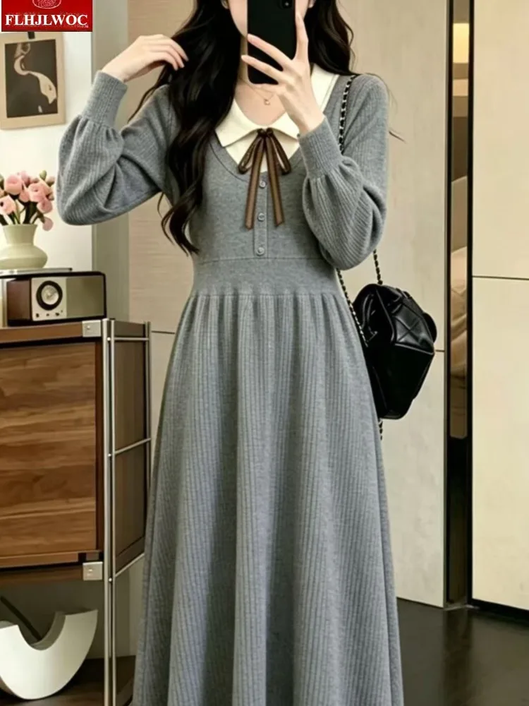 Bow Tie Shirt Dresses Autumn Winter Basics Cute Sweet Girls Faux 2-Piece Design Peter Pan Collar Knitted Sweater Dress Vestidos