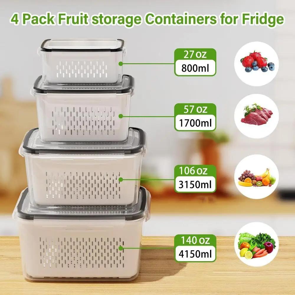 Stackable Fridge Organizer Bins 2/4/6 Pack Double-Layer Drain Food Storage Containers Refrigerator Vegetable Fruit Keep Fresh Box Plastic Kitchen Pantry Accessories Household Organizer Basket Daily Use