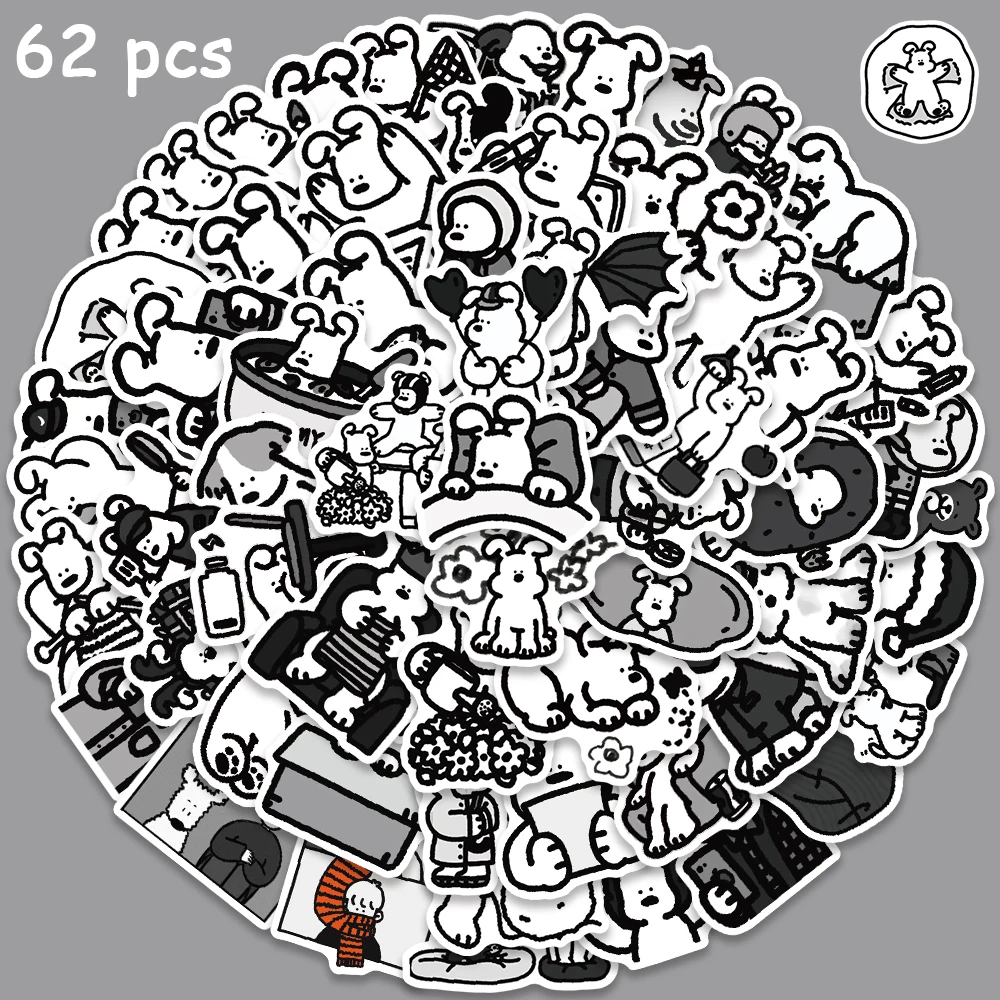 

62pcs Black White INS Style Dog Stickers Cute Cartoon Decals For Kids Toy Laptop Guitar Fridge Notebook PS5 Stickers