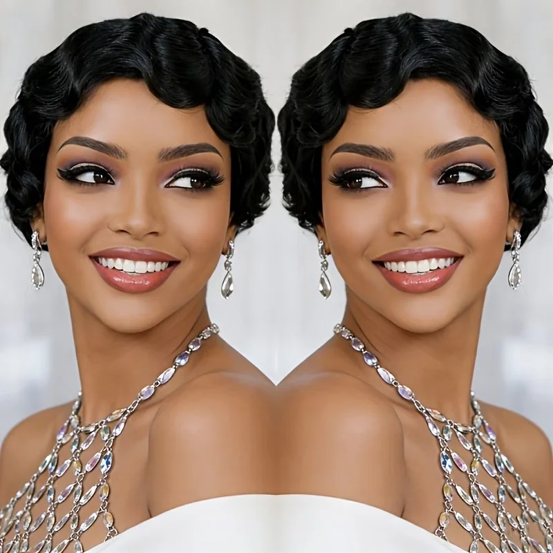 

Парик с эффектом волн Finger Wave, короткий волнистый парик Pixie Cut, парик из натуральных волос, полностью машинной работы