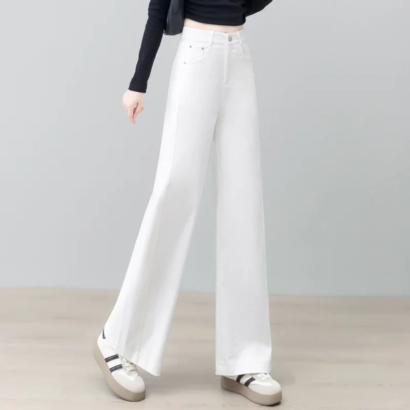 جينز أزرق ضيق مستقيم الساق من قماش الدنيم بنطال ذو قصة أرجل واسعة للنساء للربيع والخريف للتخسيس عالي الخصر ثنيات فضفاضة أزرق داكن طويل