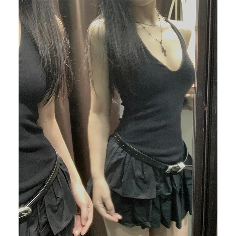 MEXZT Y2K Mini Abito Nero Donna Fashion Party Sexy Ruffles Halter Abiti Estate Gyaru Coreano Scollo a V Backless Aderente Abiti