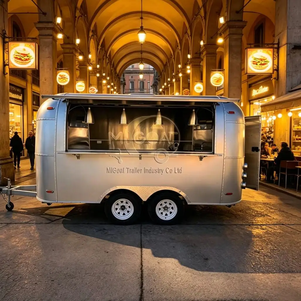 Hot Sale Original Stainless Steel Dual Axle Towing Open Serving Window Mobile Food Trailer Market Festival Outdoor Catering