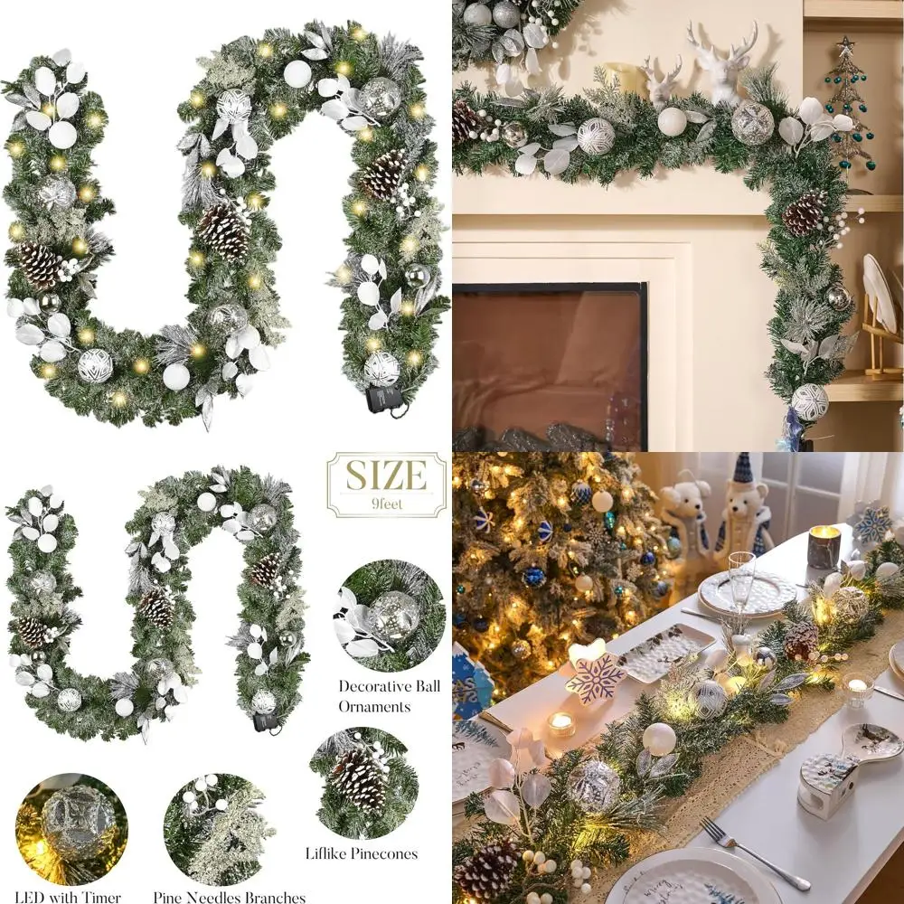 

Pre-Lit 9-Foot Christmas Garland with Snowy White Balls and Pinecones for Mantle, Stairs, Fireplace, and Table Centerpiece - Ind