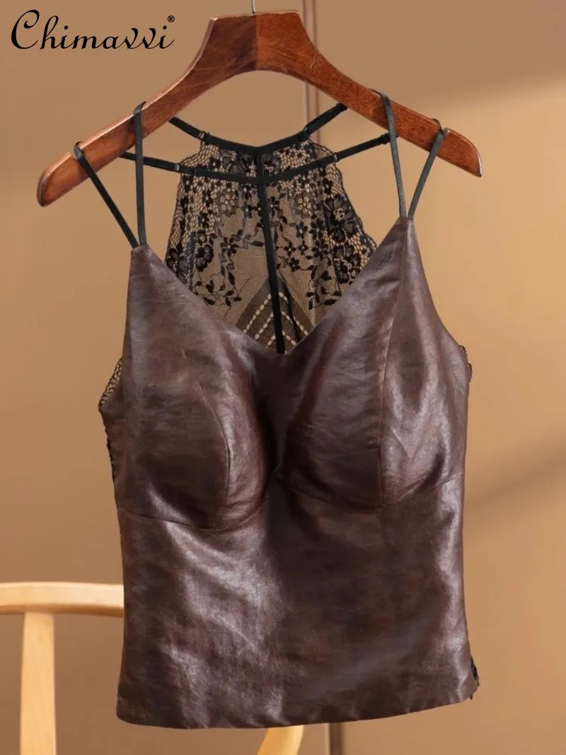 

2025 New Four Seasons Silk Fragrant Cloud Yarn Lace V-Neck Suspender Bottom Shirt Beauty Back Vest Short Top For Women