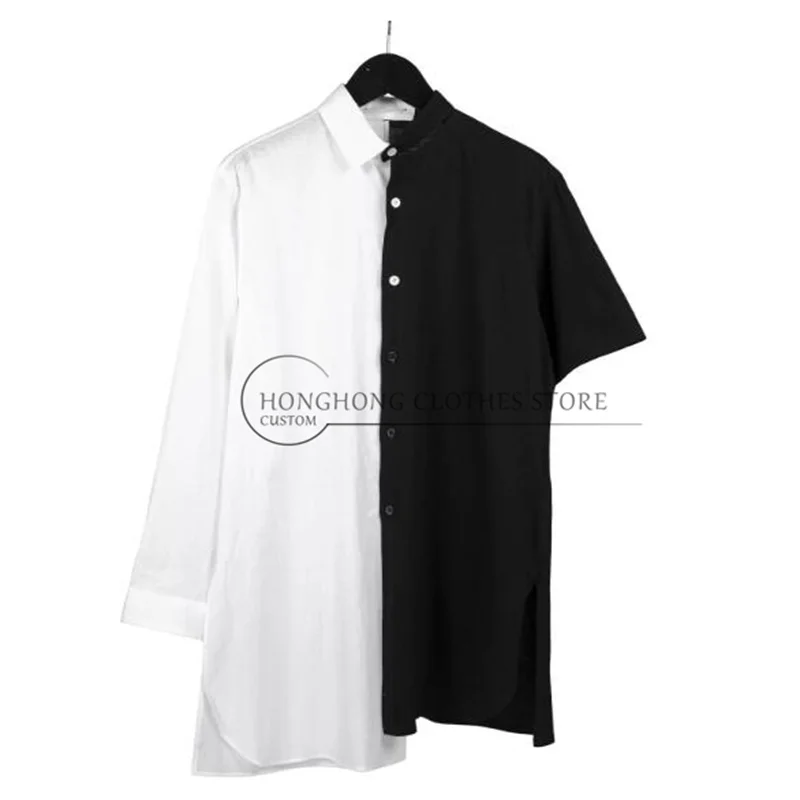 Japanese original design dark-themed niche black and white pure cotton patchwork short-sleeved high-quality men's shirt