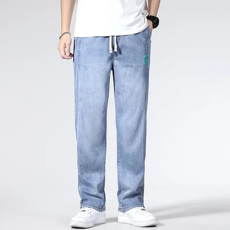 

2023 Summer Ice Silk Jeans Lyocell Fabric Thin Cool Soft Comfortable Casual Baggy Wide Leg Pants Straight Jeans Male Blue