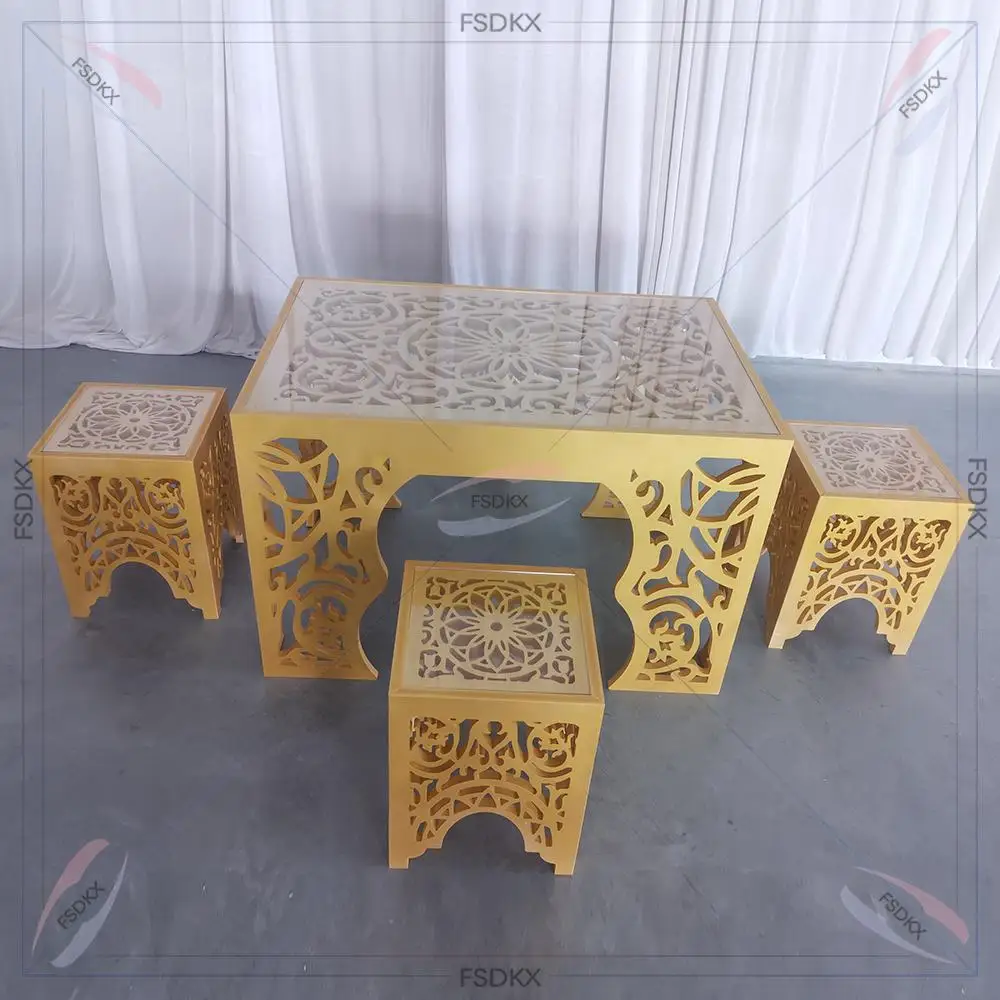 

Hot selling wedding decoration square golden cake table glass top gold acrylic dining table for cake display