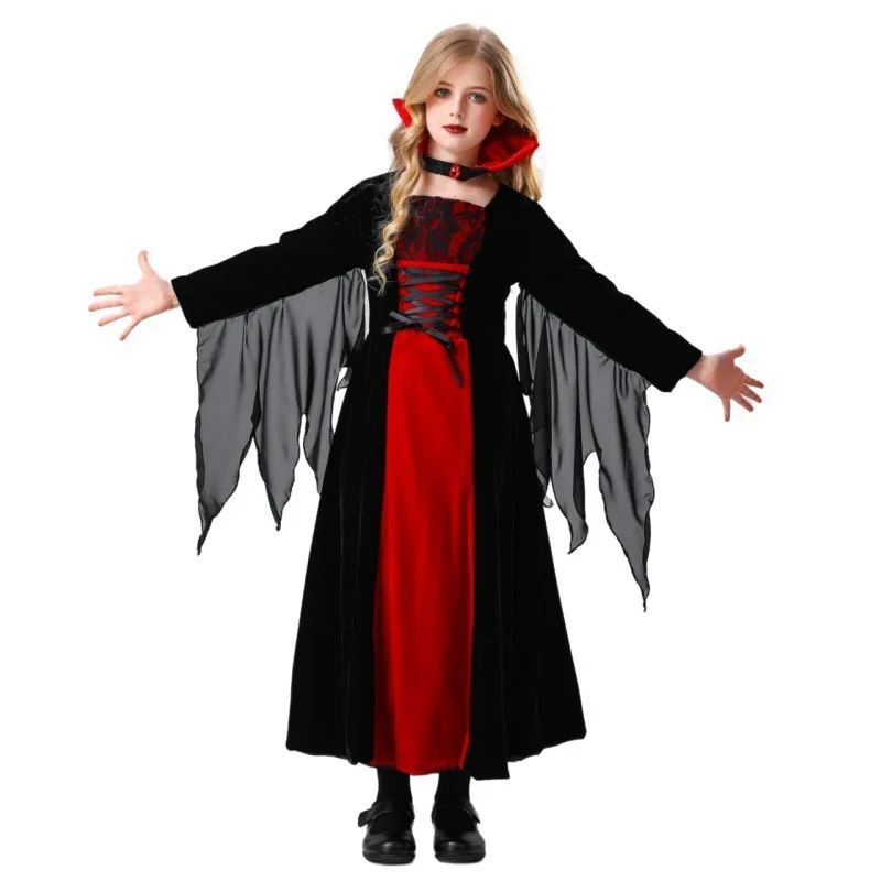 Costumes de vampire d'Halloween pour filles, robe de soirée pour enfants, magicien, sorcière, cosplay, carnaval, défilé de Pourim, scène, jeu en plis