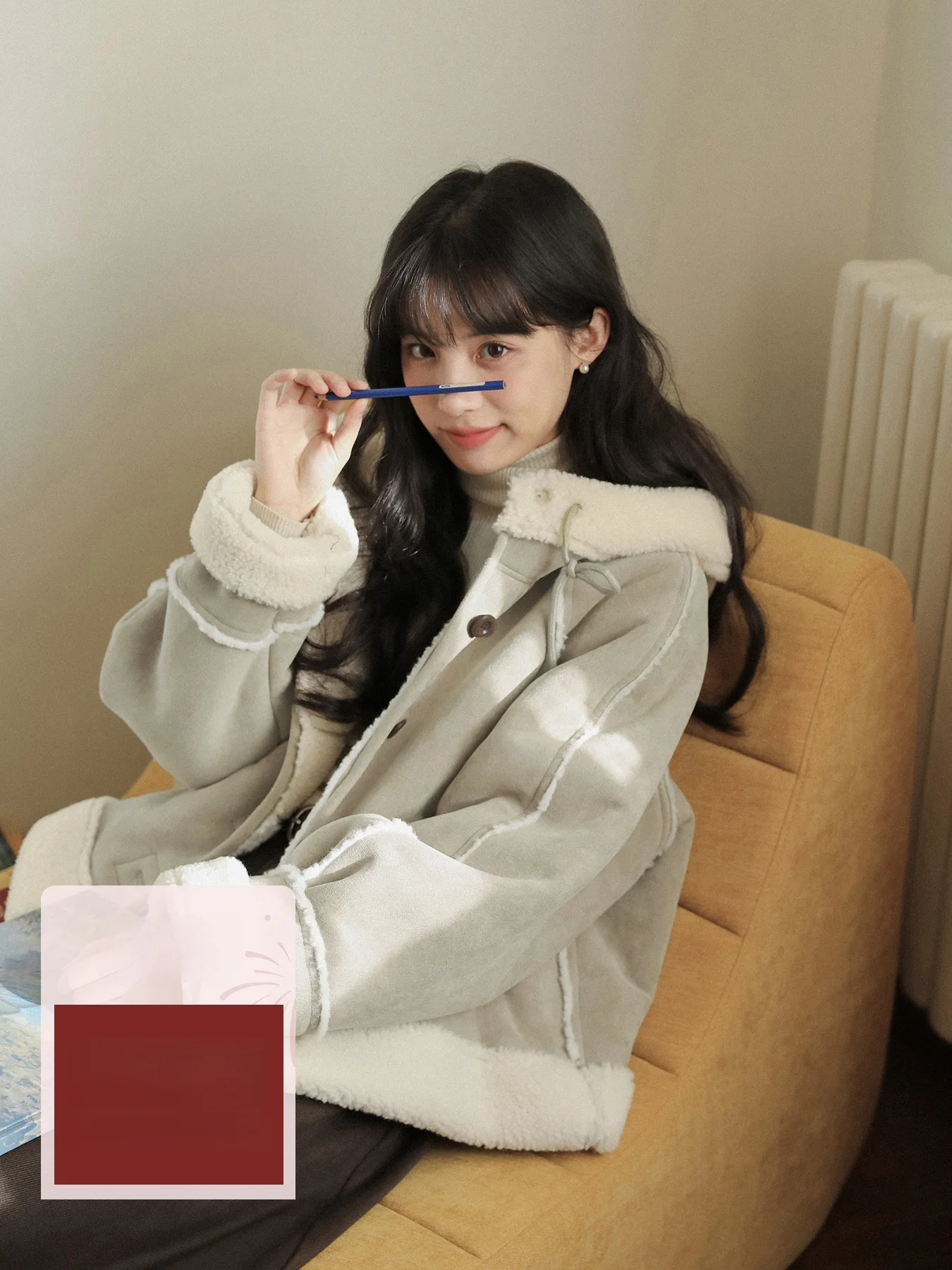 レディース厚手茶花デザインラムファージャケット冬アウター環境に優しいポリエステル繊維長袖フード付きコート