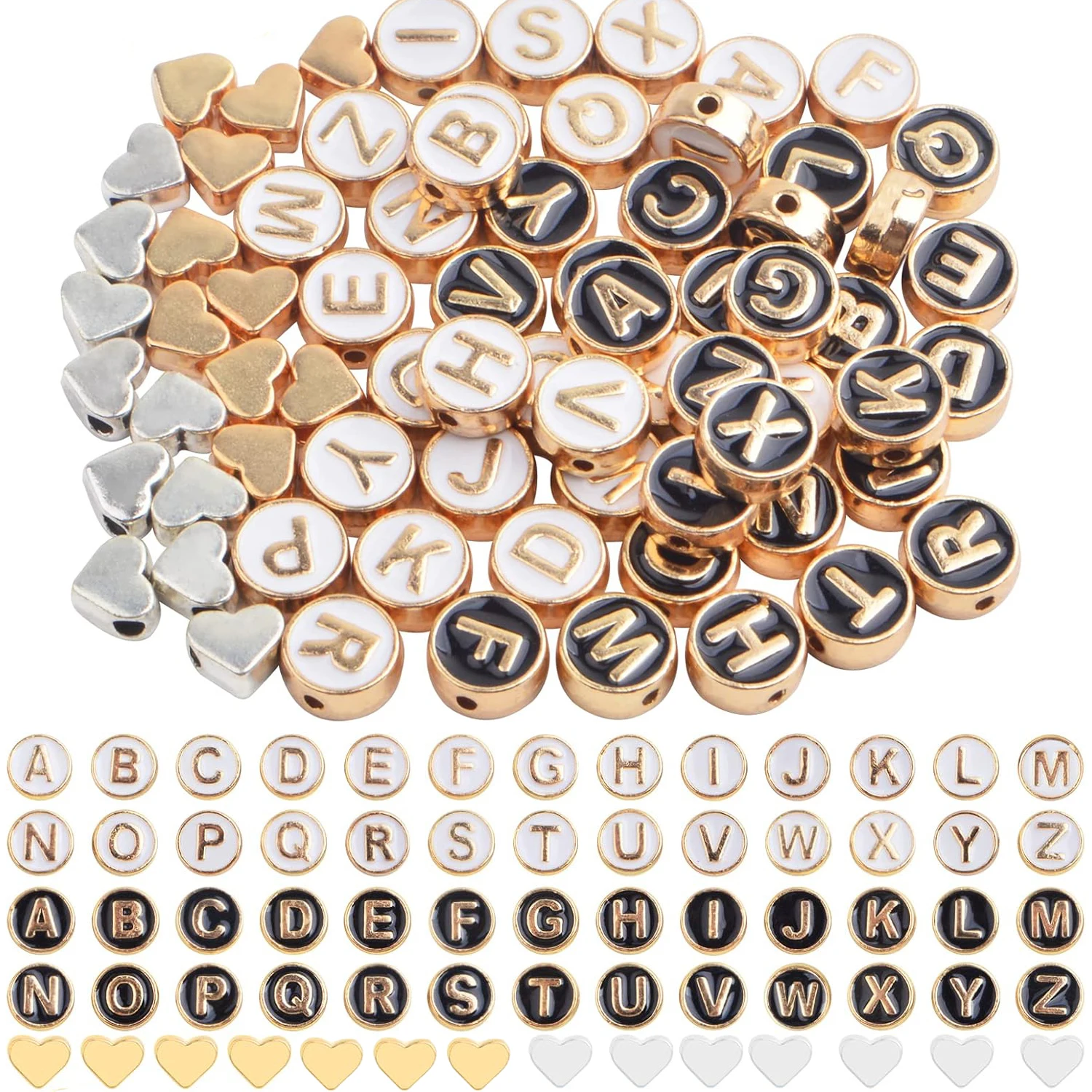 

52 шт. бусин-букв 8 мм, плоские круглые бусины с буквами A-Z и 20 шт. двухцветных разделителей-сердечек из сплава для самостоятельного изготовления браслетов и ожерелий