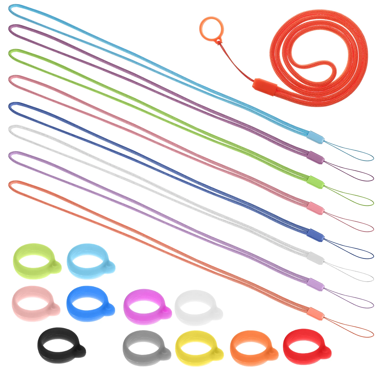 

8 pcs Lanyard Set 40cmx14mm Mixed Color Neck Straps Silicone Rings Anti Lost Round Ring for Pen Key ID Card Pendant