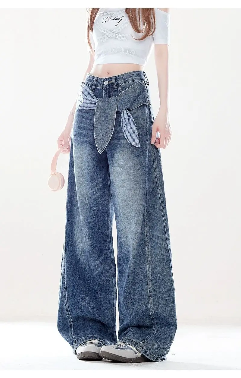 

Женские синие джинсы в стиле хип-хоп на молнии с кроличьими ушками, осенние мешковатые джинсовые брюки унисекс с высокой талией, женские свободные брюки в стиле ретро с высокой талией