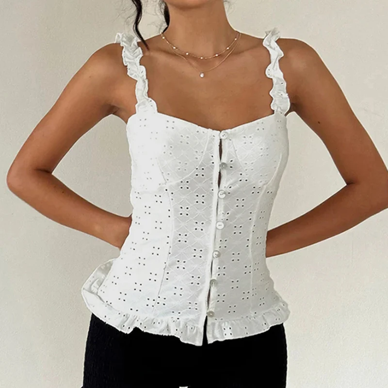 

CIBBAR Vintage y2k Hollow Out Holes Corset Top Women Casual Sleeveless Button-up Ruffles Tank Tops Women Casual White Tank Tops