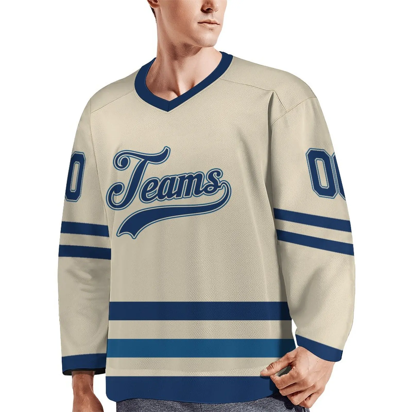 Custom Cream Navy Hockey Jersey Personalized Team Name Number V-Neck Sports Jerseys Men Women Youth Kids Training Uniform