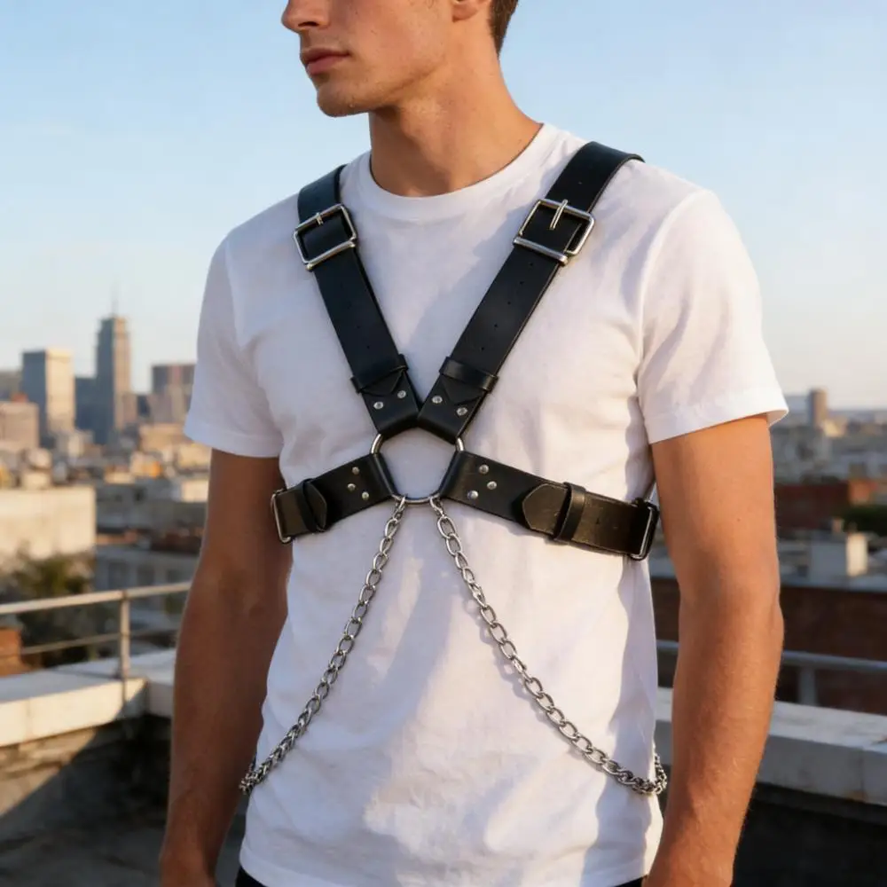 

Мужской нагрудный ремень из искусственной кожи с цепочкой, для повседневной одежды, пати, косплей, стиль панк