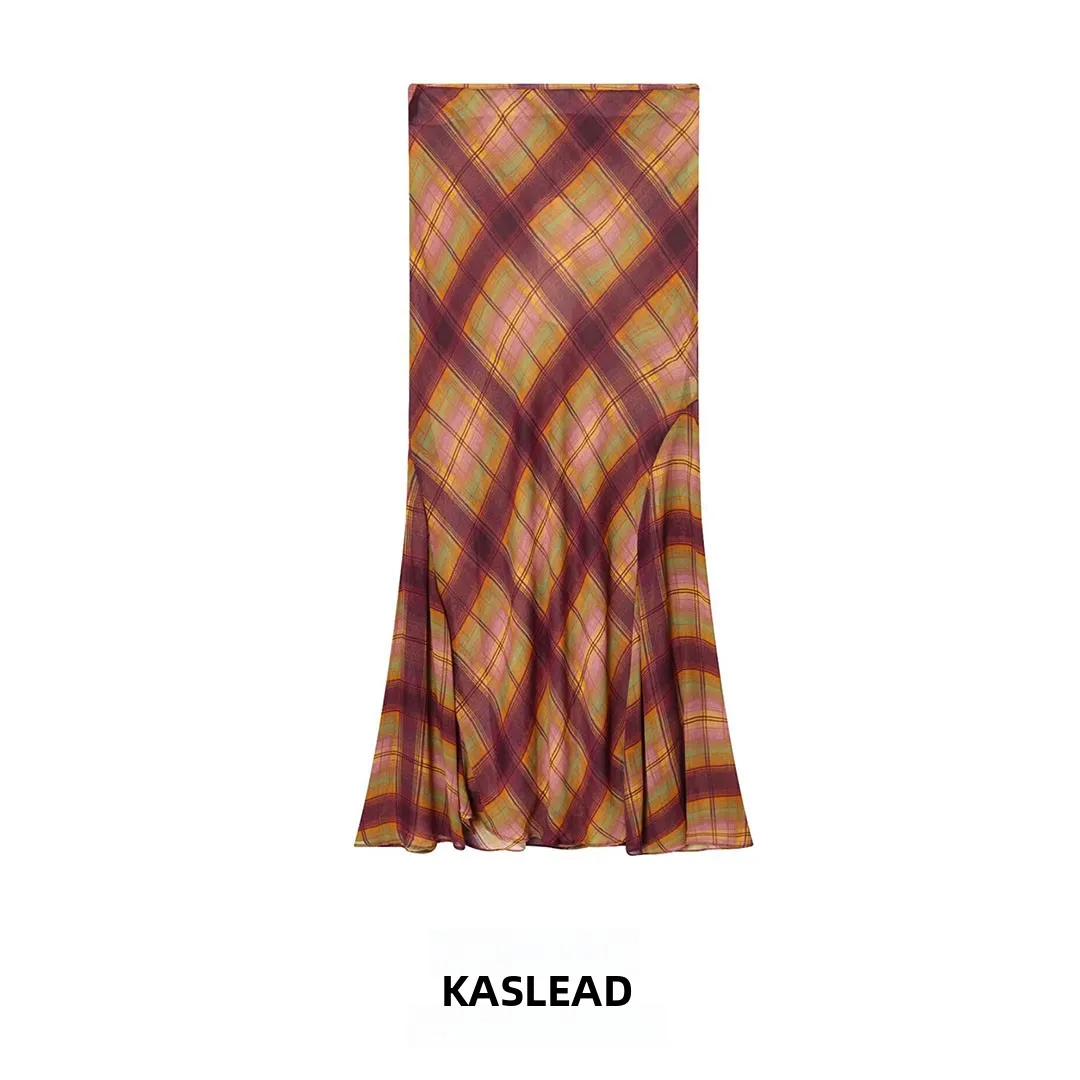 

KASLEAD Faionable Slim Fit Plaid Long Dr Women's Clothing New Sle 8389037 605 Polyester Fiber Stand Version