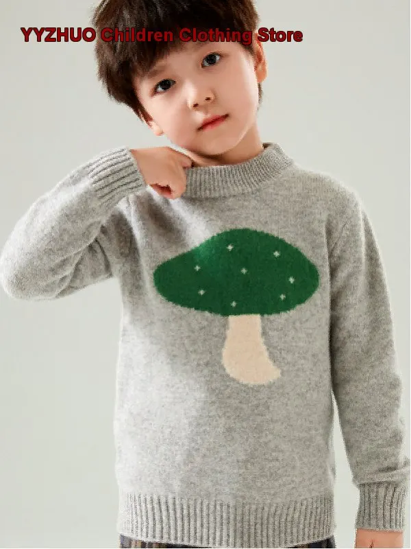 Boys Girls Knit Top Kids Autumn Winter Round Neck Thickened Jacquard Pattern Mushroom Print Warm