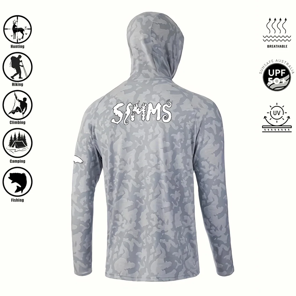 Men's fishing shirt hooded UV resistant UPF50+gray camouflage 3D printed outdoor quick drying oversized fishing suit top