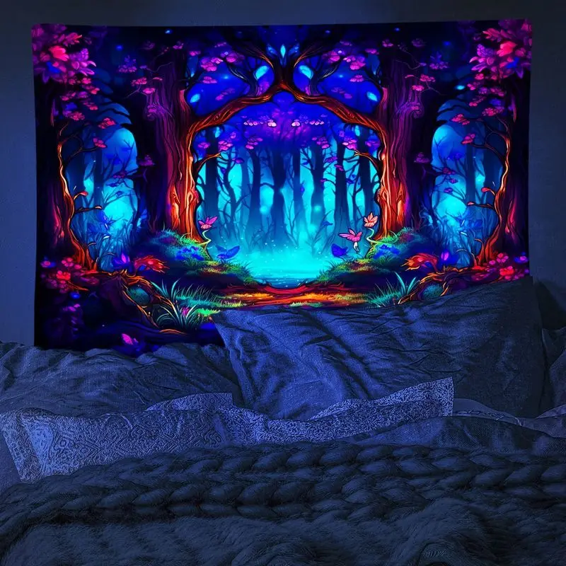 VIKAMA Fantasy Forest Fluorescent Tapestry, Glow in Dark Wall Hanging, Magical Forest Wall Decor Bedroom Dormitory Esports Decor