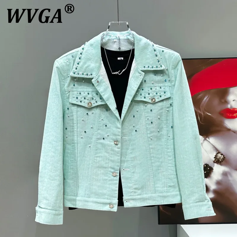 

WVGA Spring Autumn New Men Tide Elegant Fashion Pearl Embroidered Denim Jacket Loose Chic Casual Turn-down Collar Coat Ins W7589