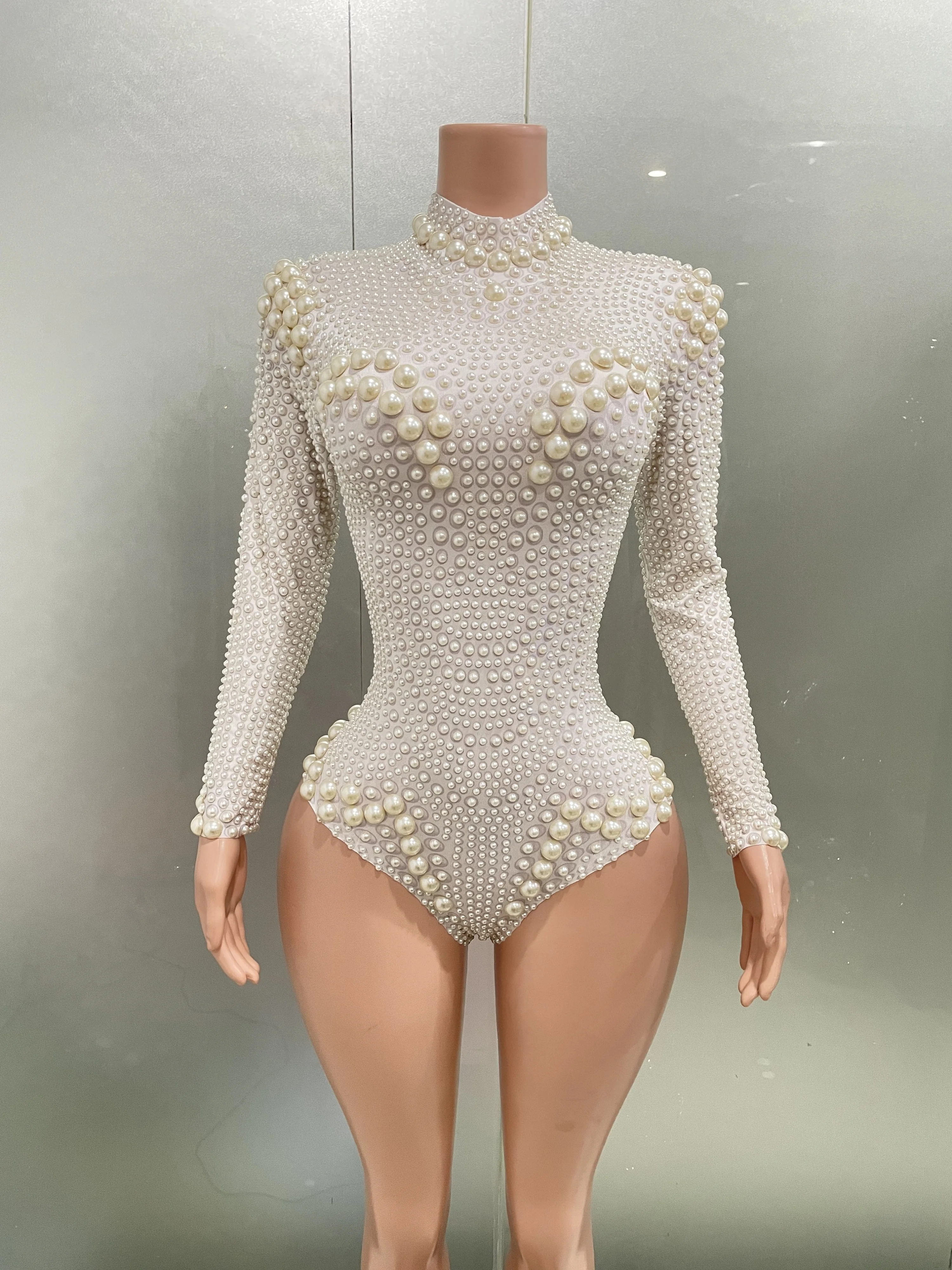 Women Sexy White Pearl Long Sleeved  Elastic Tight Fitting Jumpsuit Club Party Dress DJ Female Singer Stage Performance Dress