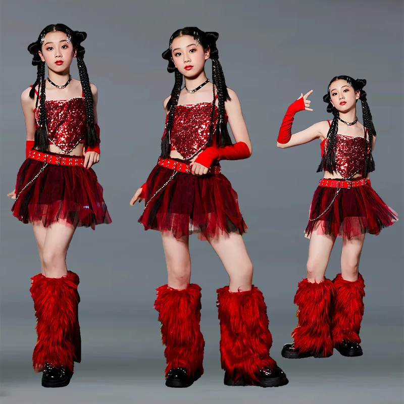 

Jazz dance costume for girls red sequined girlgroupcatwalk show trendy clotheschildren's model performance costume set for girls