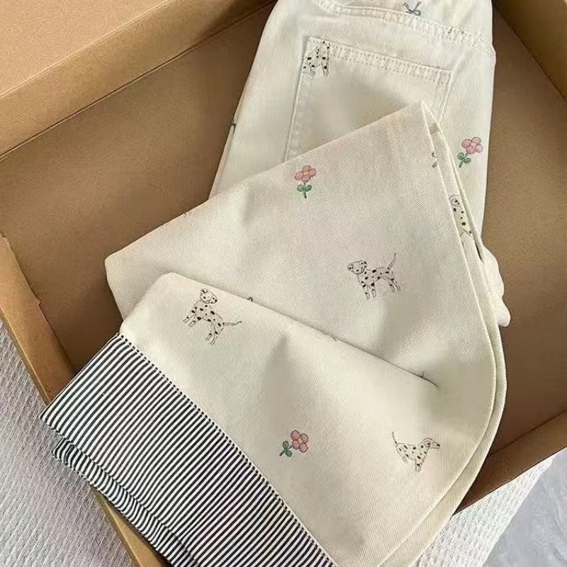 

2025 New Girls' Wide Leg Pants Spring Cute Loose Girls Lazy Style White Printed Curly Denim Pants Tide 120-170CM