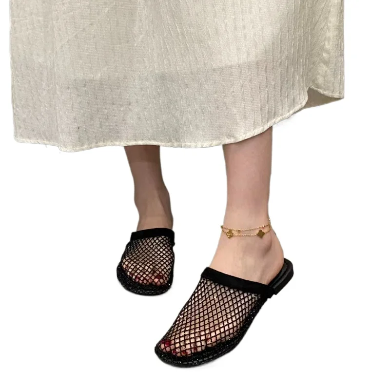 

2026 Fashion New Summer Round Toe Mesh Sexy Comfortable Non-slip Casual Slippers Lightweight Plus Size Flat Slippers for Women
