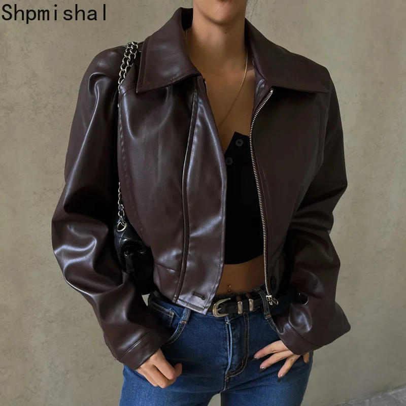 European and American Women\'s Clothing 2023 Autumn New Retro Style Lapel Zipper PU Leather American Casual Jacket Female Clothes