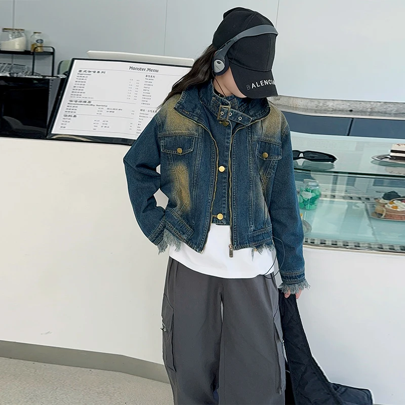 

Fashionable Stand Up Collar Denim Jacket for Cool Girls in Spring and Autumn Kids Clothes for 5-13 Years old RM55