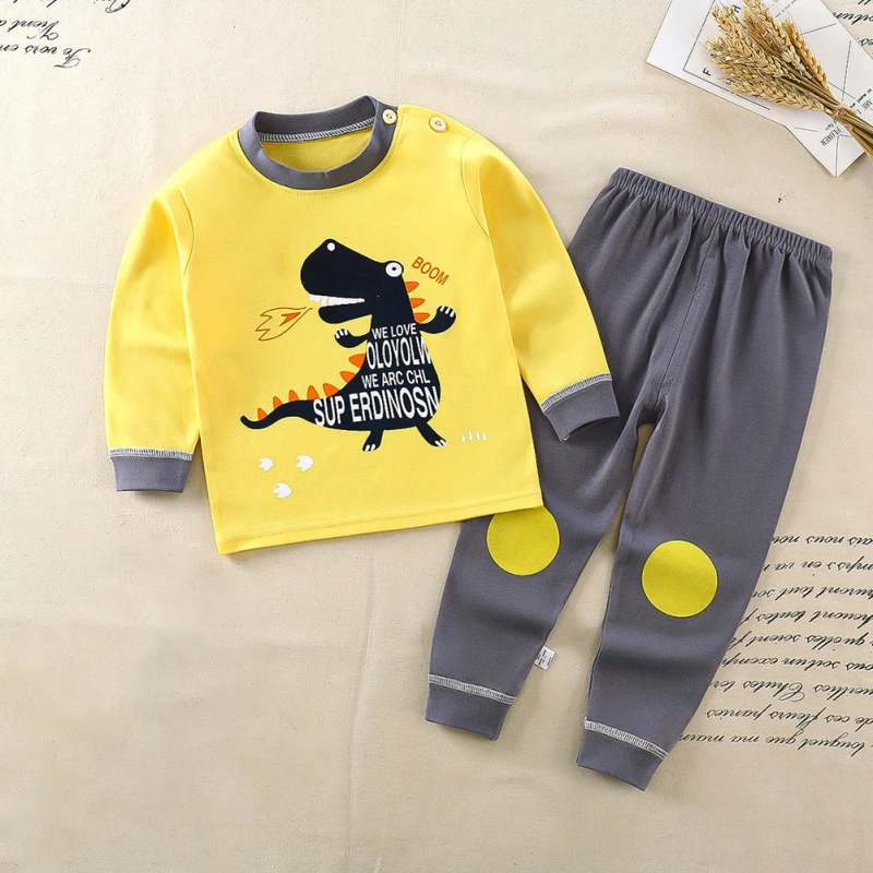 Girls Boys Pajamas Set Cartoon Dinosaur Print Autumn Winter Long Sleeved Children\'s Sleepwear Korean Version Kids Home Clothes