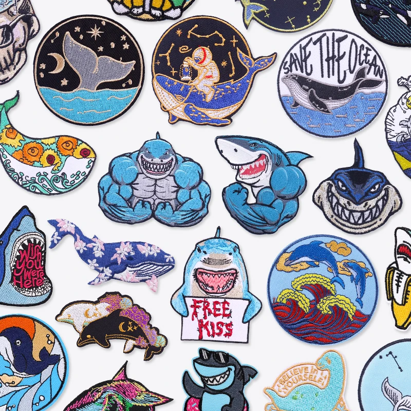 5 Teile/satz Shark Whale Patch Eisen Auf Patches Für Kleidung Aufkleber Meer Wellen Applikation Gestickte Patches Auf Kleidung Nähen Patch