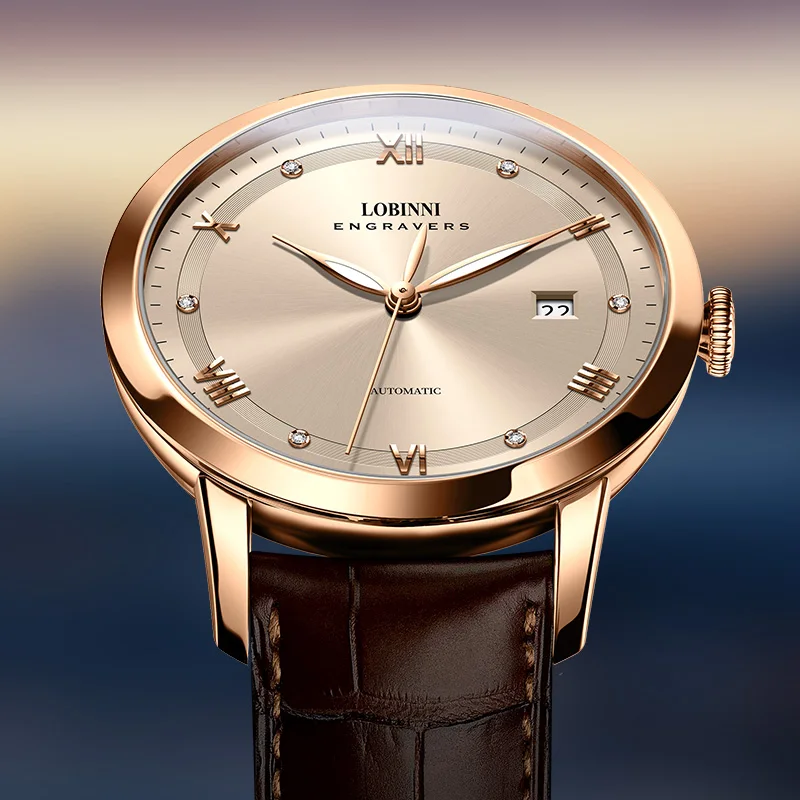 LOBINNI Fashion 41mm Men's Dress Watch Male Rose Gold Color Luminous 5Bar Waterproof Automatic Watches