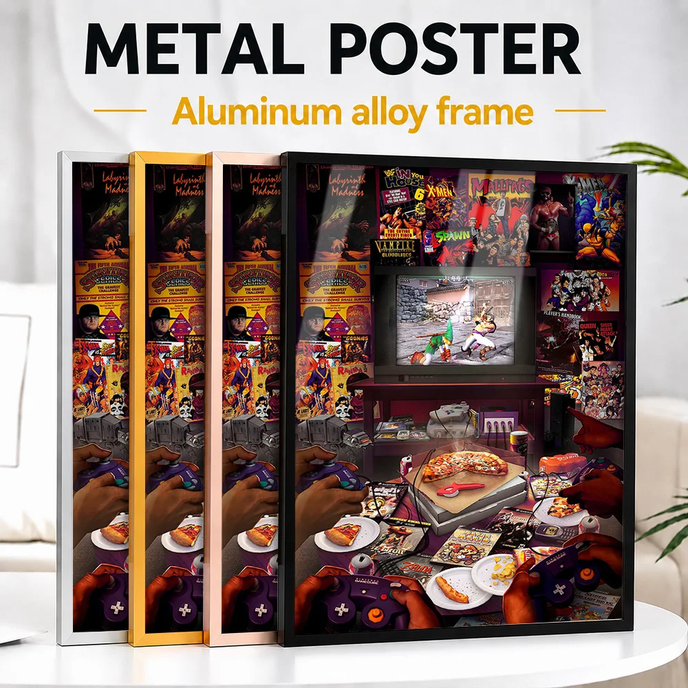 Retro Rewind Pixels Pizza And Power Moves Framed Metal Print Customized Photo Immersive Action Style Wall Art For Gaming Setup