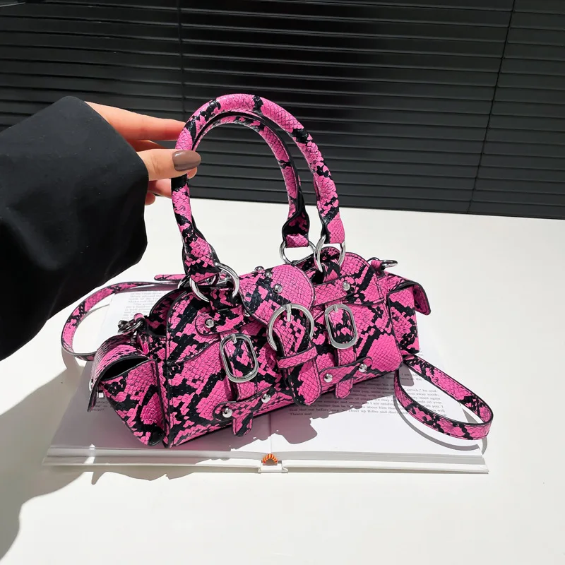 

Snake Print Design Luxury Handbag Cool Motorcycle Y2k Multiple Belt Niche Brand Shoulder Bag Rivet High-end Cloud Crossbody Bag