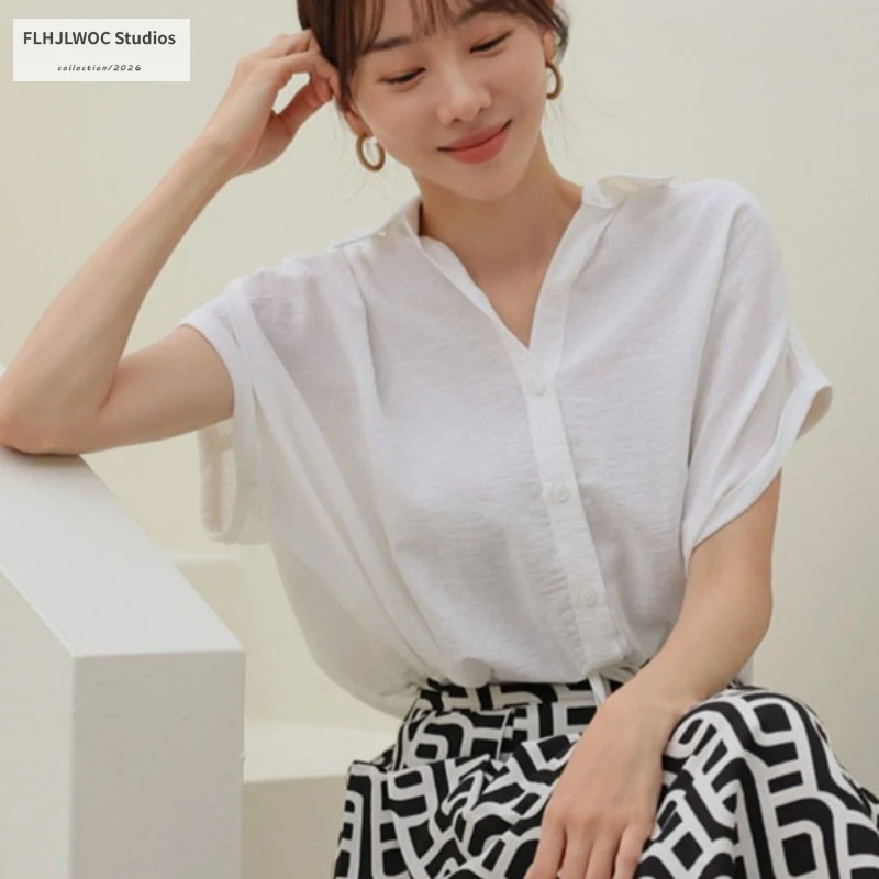 Cotton Linen Polo Shirt Fashion Woman Chic Korea Style Summer Cute Girls Retro Vintage Short Crop Tops Shirring Waist Shirts