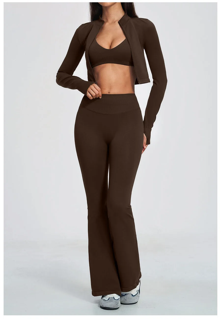 Damen-Trainingsanzug 3-teilig, Yoga-Anzug, nahtloses Sportset, ausgestellte Leggings, Fitness- und Laufoutfit, langärmelige Sportjacke, Yoga-Bekleidung – Detail 15
